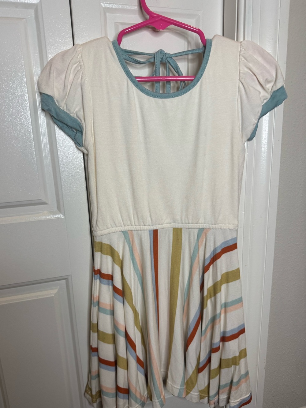 Omi Jo Girls Cream & Multicolor Stripe Dress